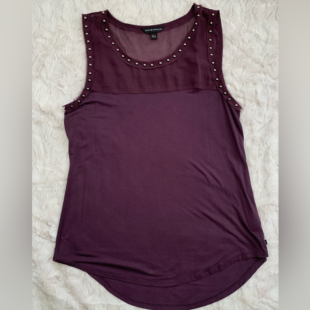 Rock & Republic Purple Studded Detail Chiffon Yolk Tank Top Large